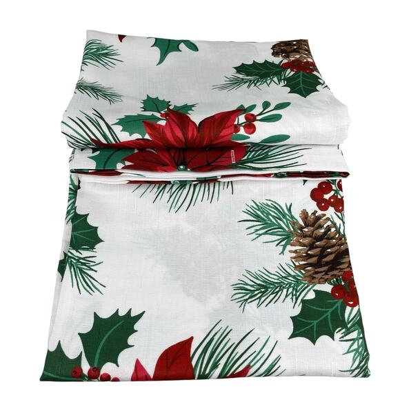 Christmas Shower Curtain Oh Holy Night Poinsettia Pine Hooks New - Picture 8 of 14